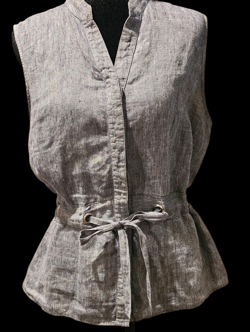 2 For 1š!! Lightweight Linen-Blend Tie-Waist Vest & Patterned Sleeve Blouse - Picture 2 of 9